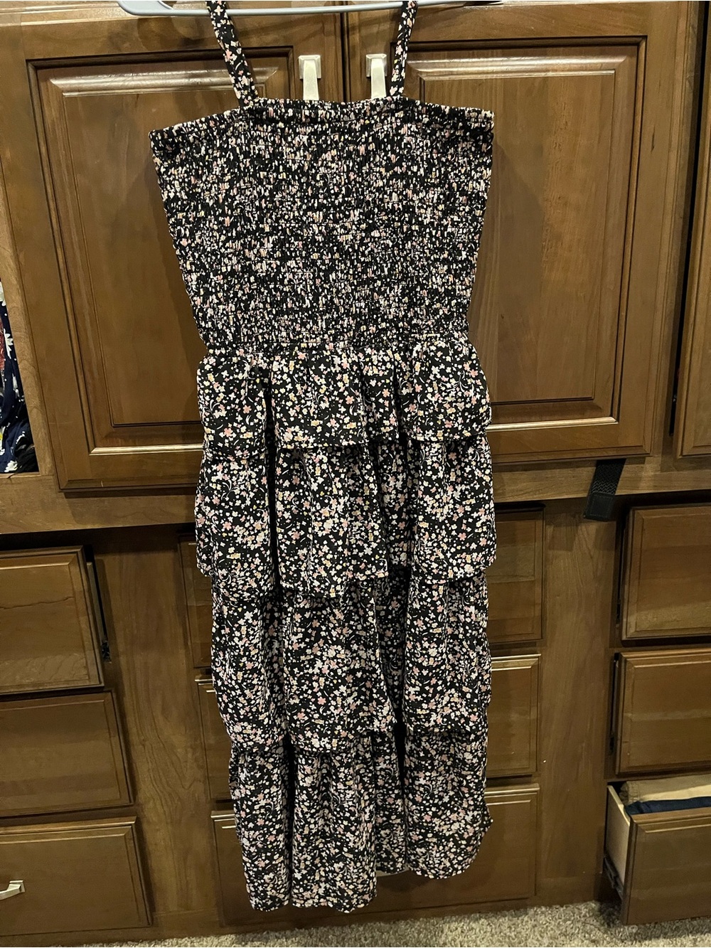 Mimi Chica Black Floral Smocked Midi Dress with Pink and Cream Accents